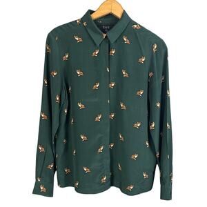 Sea New York Silk Blouse Emerald Green Fox Motif ASO The Office Size XO Designer